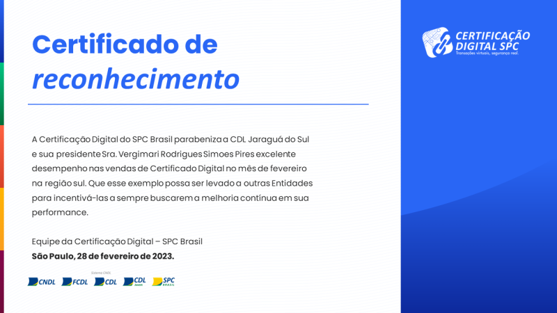 CDL de Jaraguá do Sul recebe certificado de destaque na emissão de Certificado Digital