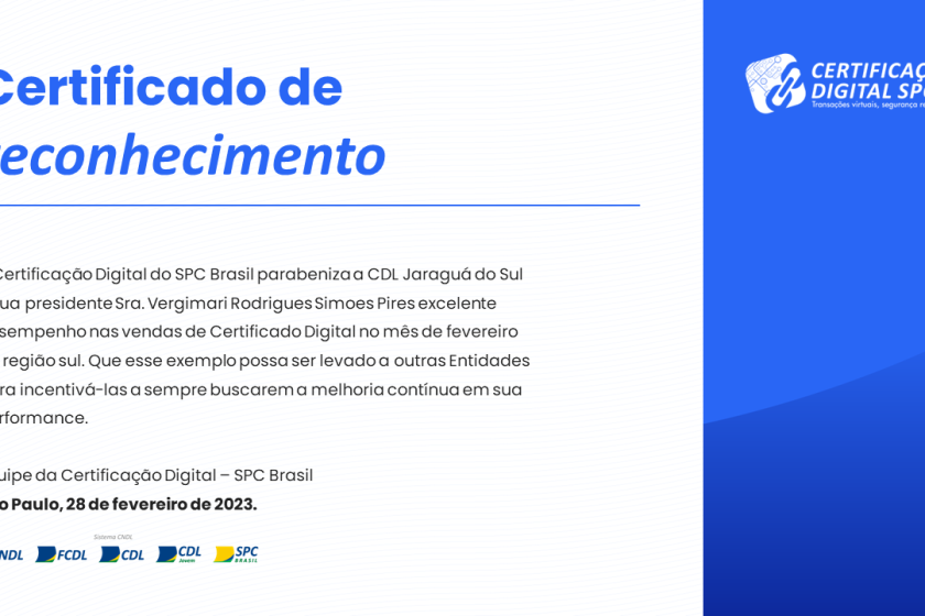 CDL de Jaraguá do Sul recebe certificado de destaque na emissão de Certificado Digital