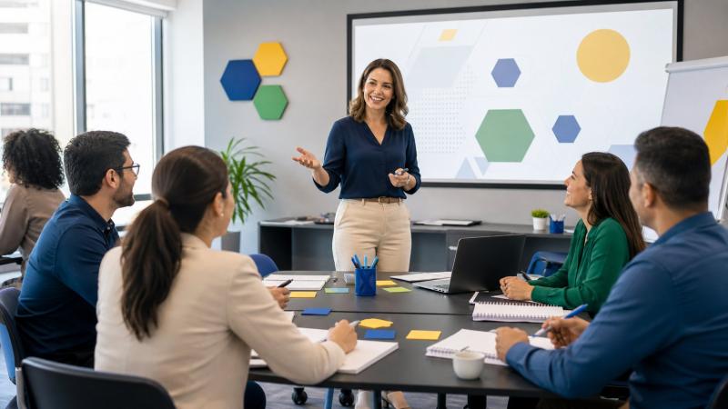 Instrutora conduz workshop com profissionais do comércio